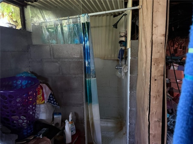2425 Degenhardt Rd, Hampton, PA 15044 - full bathroom with a shower with curtain and concrete block wall
