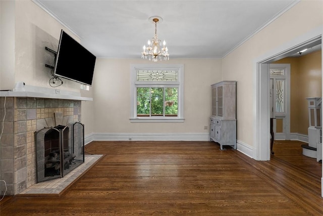 310 Columbia Ave, West View, PA 15229 - unfurnished living room with wood finished floors, a fireplace, a chandelier, and ornamental molding