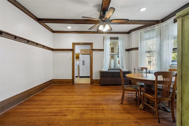 310 Columbia Ave, West View, PA 15229 - dining area featuring wood finished floors, a ceiling fan, beam ceiling, and recessed lighting
