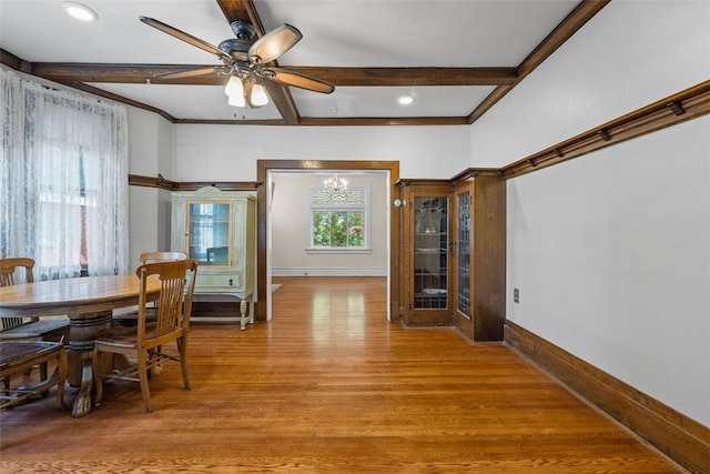 310 Columbia Ave, West View, PA 15229 - dining area with a chandelier, ceiling fan, light wood-type flooring, beamed ceiling, and recessed lighting