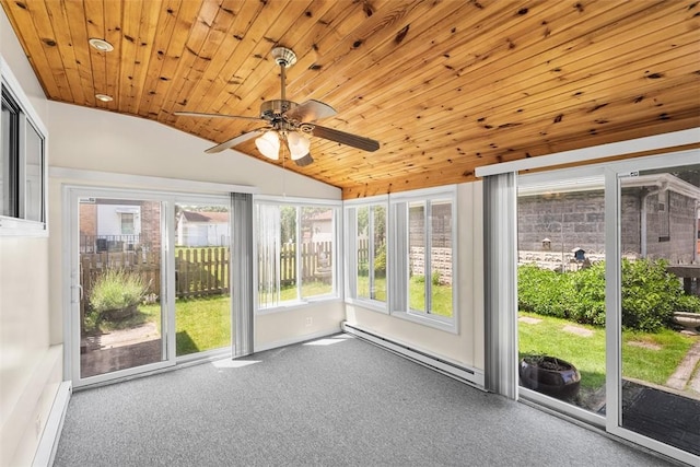 310 Columbia Ave, West View, PA 15229 - unfurnished sunroom with a baseboard heating unit, vaulted ceiling, ceiling fan, carpet, and wooden ceiling