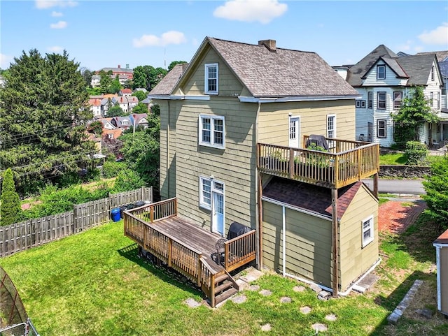 201 La Belle St, Mt Washington, PA 15211 - back of house featuring a wooden deck, a shingled roof, a chimney, and a residential view