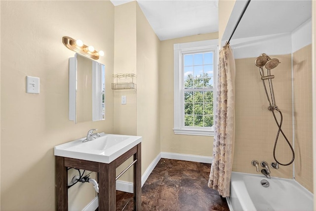 201 La Belle St, Mt Washington, PA 15211 - bathroom featuring shower / bathtub combination with curtain, vanity, and stone finish floors