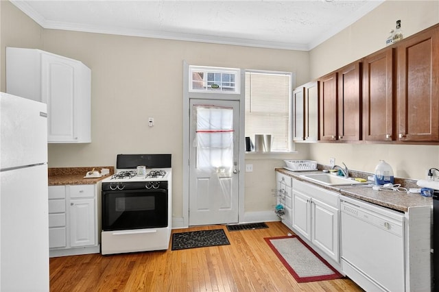 201 La Belle St, Mt Washington, PA 15211 - kitchen with white appliances, light wood-type flooring, crown molding, white cabinetry, and dark countertops