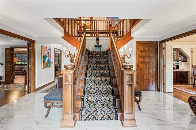 633 Westminster Rd, Hermitage, PA 16148 - stairs featuring crown molding and marble finish flooring