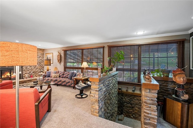 633 Westminster Rd, Hermitage, PA 16148 - carpeted living area with ornamental molding, a large fireplace, and recessed lighting