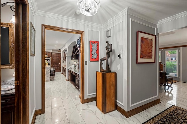 633 Westminster Rd, Hermitage, PA 16148 - hall featuring light marble finish flooring, ornamental molding, and recessed lighting
