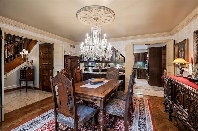 633 Westminster Rd, Hermitage, PA 16148 - dining space with wallpapered walls, a chandelier, stairway, and crown molding