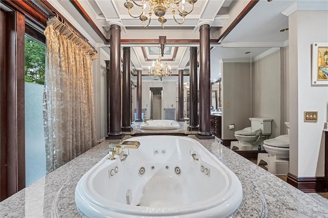 633 Westminster Rd, Hermitage, PA 16148 - bathroom featuring a chandelier, ornamental molding, a whirlpool tub, and ornate columns