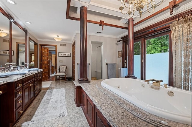 633 Westminster Rd, Hermitage, PA 16148 - full bathroom with ornate columns, a shower stall, ornamental molding, vanity, and a tub with jets