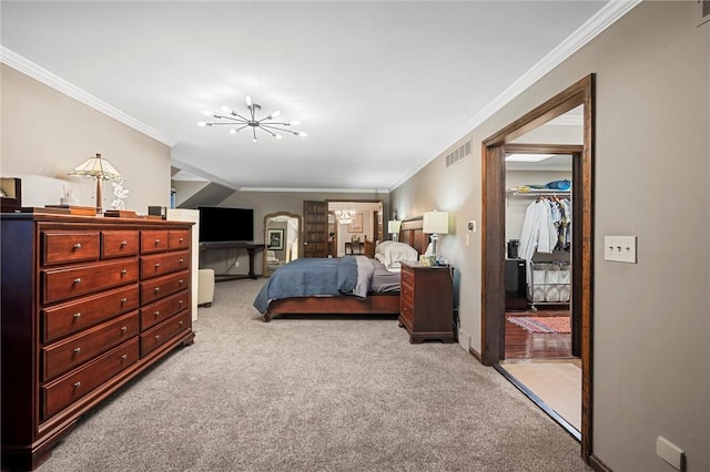 633 Westminster Rd, Hermitage, PA 16148 - bedroom featuring light colored carpet, ornamental molding, a closet, a walk in closet, and a chandelier