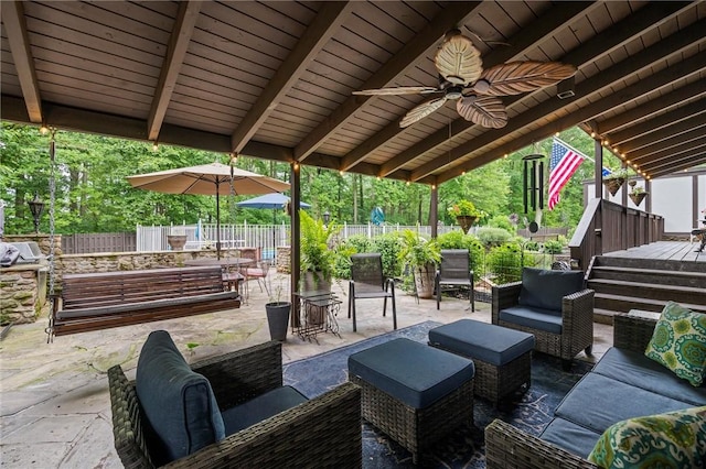 633 Westminster Rd, Hermitage, PA 16148 - fenced backyard with an outdoor hangout area, a patio area, a ceiling fan, and a deck