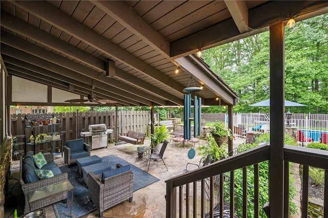 633 Westminster Rd, Hermitage, PA 16148 - fenced backyard with grilling area, a patio area, a ceiling fan, and outdoor lounge area