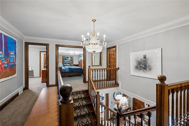 633 Westminster Rd, Hermitage, PA 16148 - interior space with a chandelier, crown molding, carpet flooring, and an upstairs landing