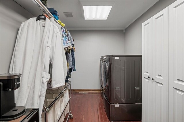 633 Westminster Rd, Hermitage, PA 16148 - laundry room with separate washer and dryer, dark wood finished floors, and crown molding