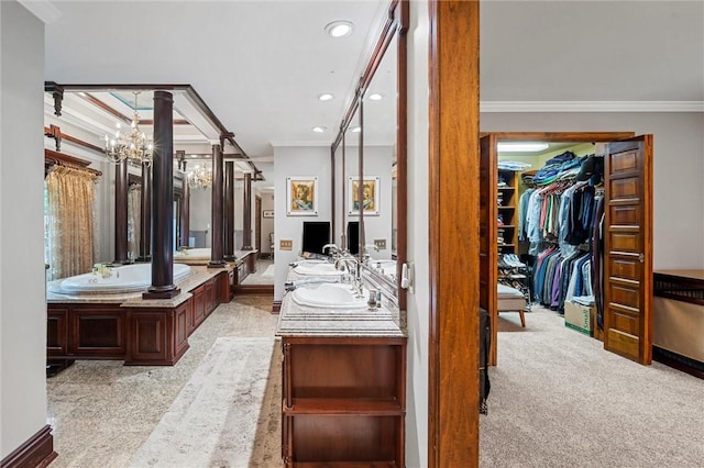 633 Westminster Rd, Hermitage, PA 16148 - full bath with double vanity, crown molding, a chandelier, and recessed lighting