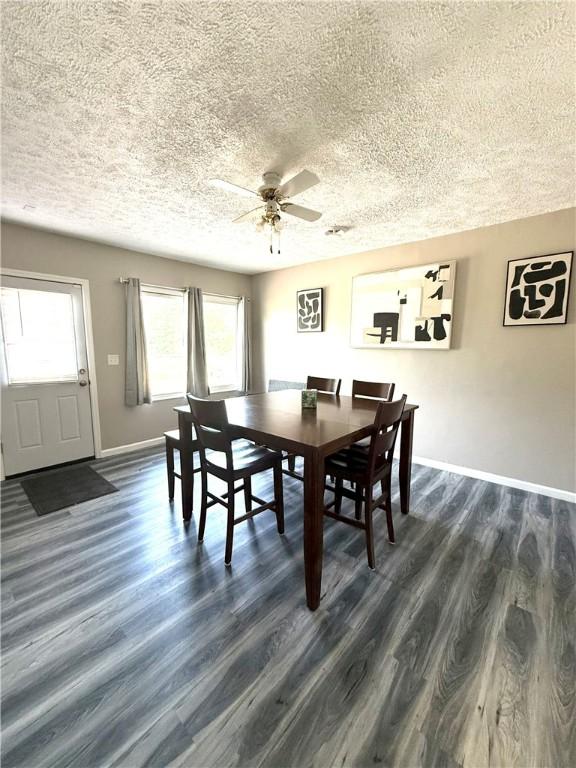 6028 Davidson Rd, Jamestown, PA 16134 - dining space featuring a textured ceiling, a ceiling fan, and dark wood-style floors