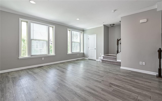 400 Fairmont Dr, Marshall, PA 15090 - spare room with crown molding, stairway, dark wood-type flooring, recessed lighting, and a smoke detector