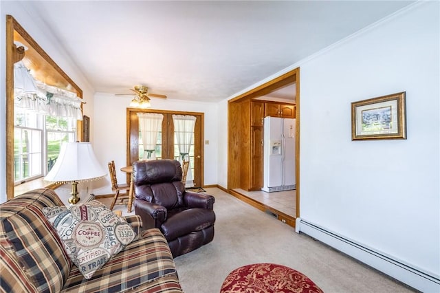 3912 Milton Dr, Richland, PA 15044 - living room with a baseboard radiator, a ceiling fan, light carpet, and french doors