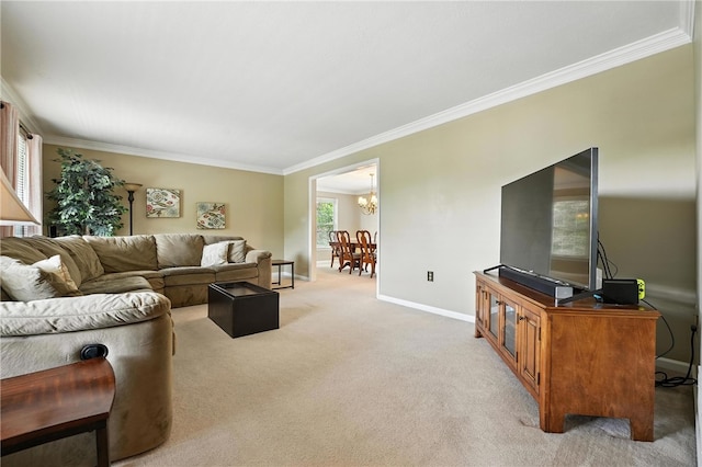 708 Reiser Ct, Cranberry Twp, PA 16066 - living area featuring crown molding, light colored carpet, and a chandelier