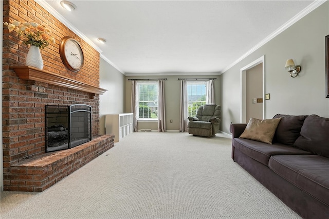 708 Reiser Ct, Cranberry Twp, PA 16066 - living room featuring carpet flooring, crown molding, and a brick fireplace