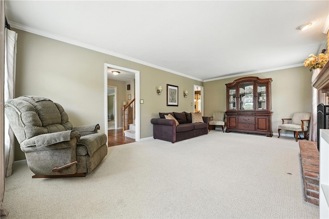 708 Reiser Ct, Cranberry Twp, PA 16066 - carpeted living area with crown molding, stairs, and a fireplace