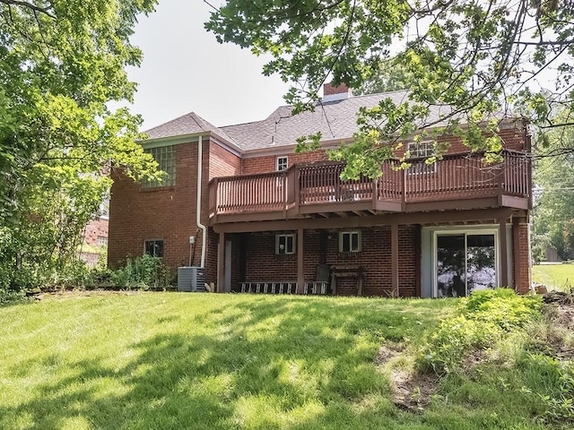 376 Mcclellan Dr, Pleasant Hills, PA 15236 - back of property with brick siding, a lawn, a chimney, and a wooden deck