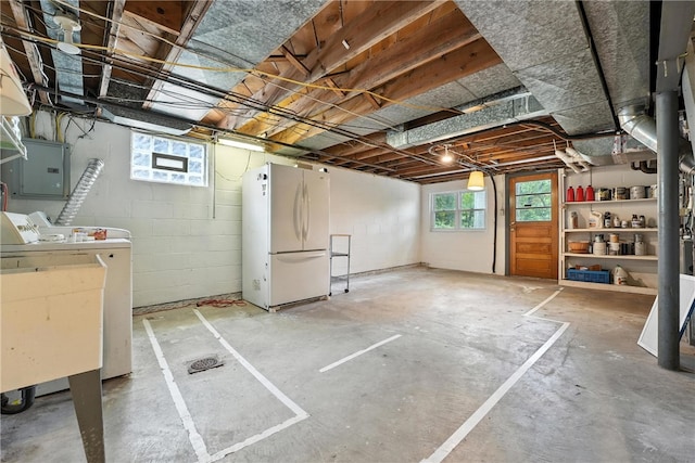 445 Pacific Ave, Forest Hills Boro, PA 15221 - basement with freestanding refrigerator, electric panel, and washer and clothes dryer
