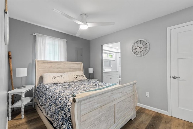 12187 Mantor St, Conneaut Lake, PA 16316 - bedroom featuring dark wood finished floors, ensuite bathroom, and ceiling fan