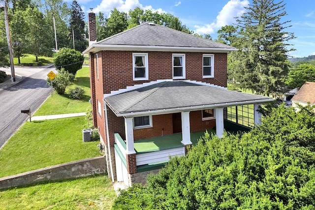 4214 Northern Pike, Monroeville, PA 15146 - view of front of house with a chimney, roof with shingles, brick siding, a front lawn, and a porch