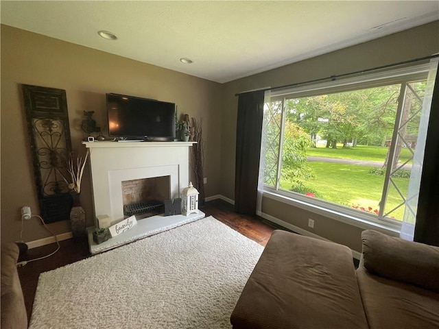 17 Evergreen, Hempfield Twp, PA 16125 - living area featuring a fireplace with raised hearth, wood finished floors, and recessed lighting