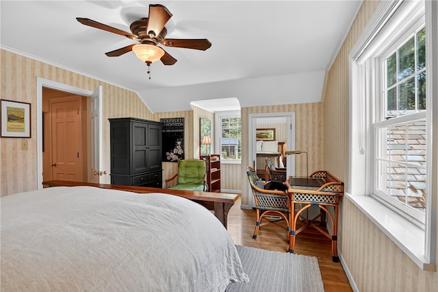 930 Valleyview Rd, Mt Lebanon, PA 15243 - bedroom with wallpapered walls, wood finished floors, ornamental molding, a ceiling fan, and lofted ceiling