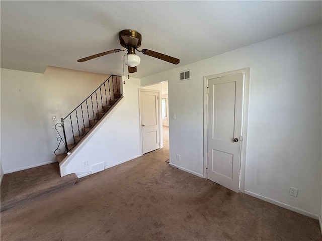 3170 Dutch Ridge Rd, Brighton Twp, PA 15009 - unfurnished living room featuring ceiling fan, carpet flooring, and stairway