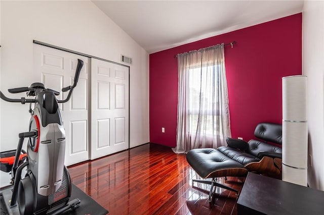 2207 Kenzie Dr, Robinson Twp, PA 15205 - workout area featuring dark wood finished floors and vaulted ceiling