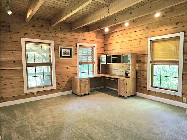 459 Big Knob Rd, New Sewickley Twp, PA 15074 - unfurnished office featuring a wood ceiling with exposed beams, light colored carpet, track lighting, built in desk, and wood walls