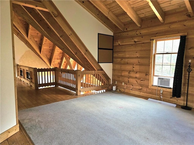 459 Big Knob Rd, New Sewickley Twp, PA 15074 - additional living space with wood ceiling, wooden walls, cooling unit, wood-type flooring, and carpet flooring