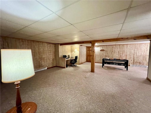 245 Chippewa Dr, Neshannock Twp, PA 16105 - finished basement with baseboard heating, a paneled ceiling, wood walls, and carpet