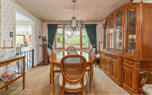 130 Killarney Rd, Pine Twp, PA 15090 - dining space with wallpapered walls, a chandelier, light colored carpet, and ornamental molding
