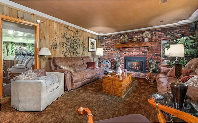 130 Killarney Rd, Pine Twp, PA 15090 - carpeted living area featuring a fireplace, crown molding, and wooden walls