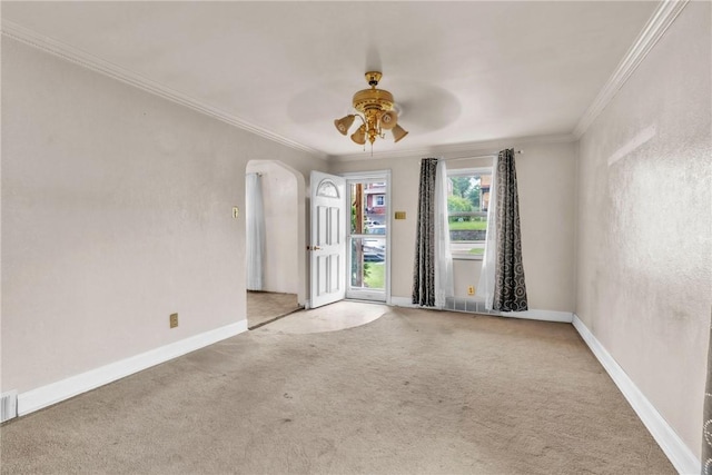 3405 Willett Rd, Baldwin Boro, PA 15227 - unfurnished room featuring arched walkways, ornamental molding, a ceiling fan, and carpet