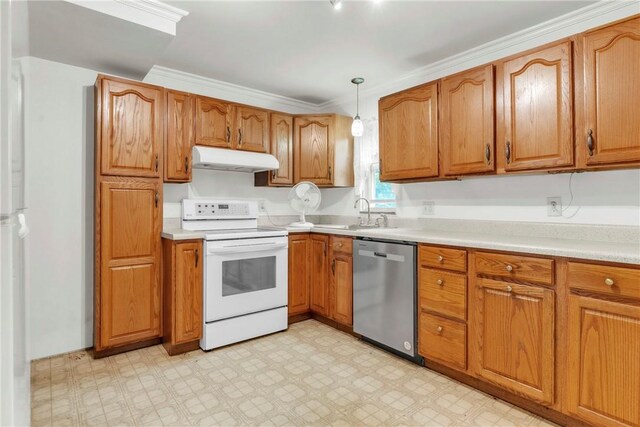 3405 Willett Rd, Baldwin Boro, PA 15227 - kitchen featuring stainless steel dishwasher, white range with electric stovetop, range hood, brown cabinets, and light floors