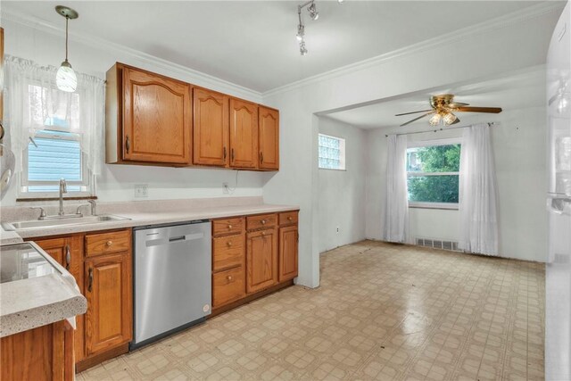 3405 Willett Rd, Baldwin Boro, PA 15227 - kitchen with dishwasher, brown cabinetry, ceiling fan, light countertops, and light flooring