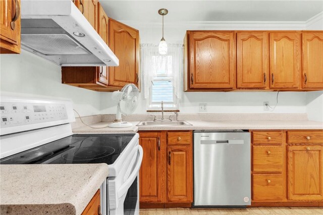 3405 Willett Rd, Baldwin Boro, PA 15227 - kitchen with white electric range, stainless steel dishwasher, under cabinet range hood, brown cabinets, and ornamental molding