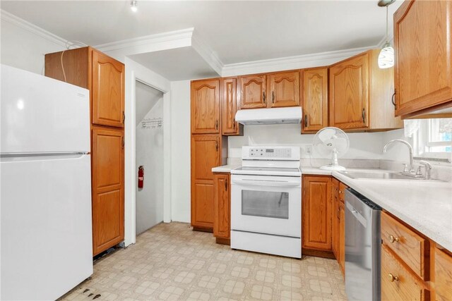 3405 Willett Rd, Baldwin Boro, PA 15227 - kitchen with white appliances, under cabinet range hood, light flooring, light countertops, and crown molding