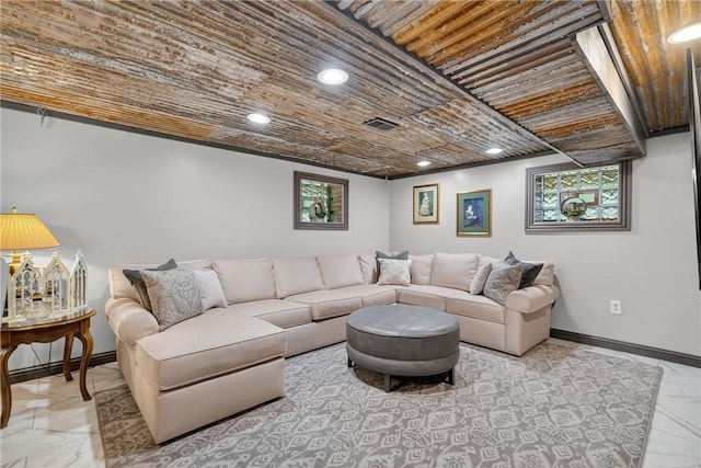 160 Railroad St, Hempfield Twp, PA 15665 - living area with marble tiled floors, healthy amount of natural light, wood ceiling, and recessed lighting