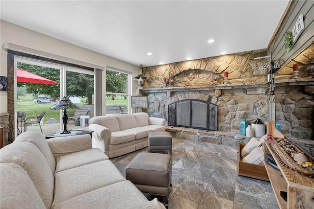 160 Railroad St, Hempfield Twp, PA 15665 - living area with a stone fireplace and recessed lighting