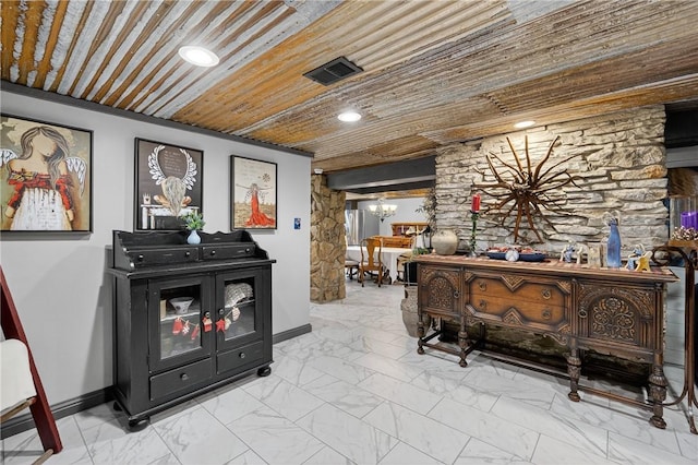 160 Railroad St, Hempfield Twp, PA 15665 - living area with wood ceiling, light marble finish floors, a chandelier, and recessed lighting