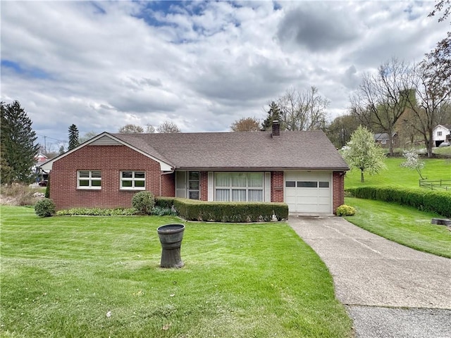 1215 Center Rd, Monaca, PA 15061 - ranch-style house featuring brick siding, an attached garage, a front yard, driveway, and roof with shingles