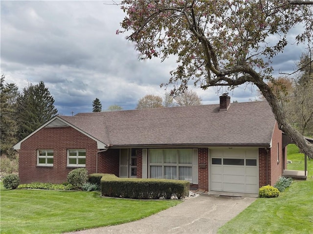 1215 Center Rd, Monaca, PA 15061 - ranch-style house with brick siding, a chimney, a garage, driveway, and a front yard