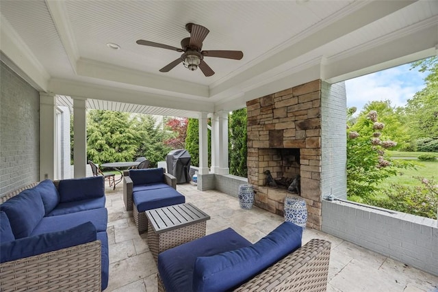 200 Neville, Edgeworth, PA 15143 - view of patio with a grill, an outdoor living space with a fireplace, and ceiling fan